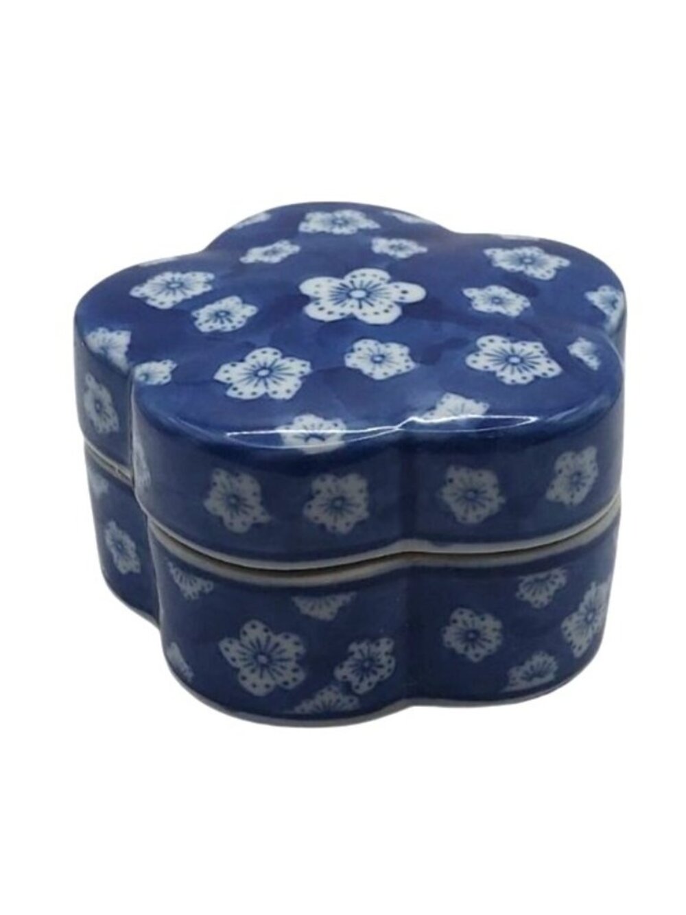 Vintage Japanese Porcelain Plum Blossom Cobalt Blue Floral Kogo Box Trinket Dish